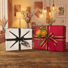 Illustration of two wrapped gifts side by side: a white gift with a black ribbon and a tag reading "discouraged," and a red gift with gold ribbon and marigolds, showing the gift colors to avoid versus the ones to choose.