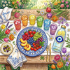 A vibrant, colorful watercolor illustration of an outdoor spring tablescape on a wooden table surrounded by blooming flowers.