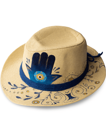 Straw Hat with Blue Hand-Painted Hamsa Evil Eye and Ribbon