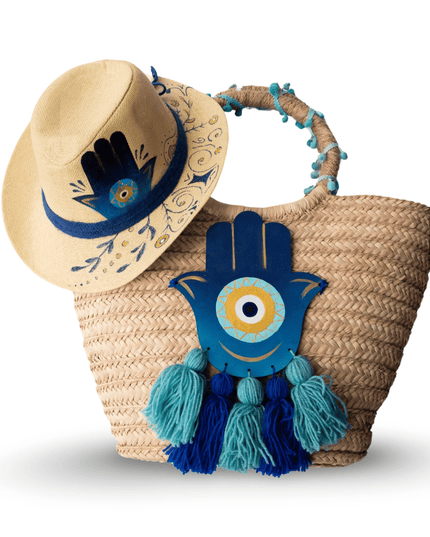Straw Hat and Beach Bag with Blue Wooden Hand-Painted Hamsa Evil Eye and Tassels