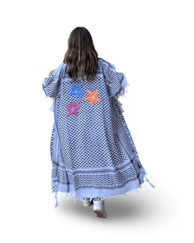 Hand-Painted Black and White Kaftan with Multi-Colored Starfish
