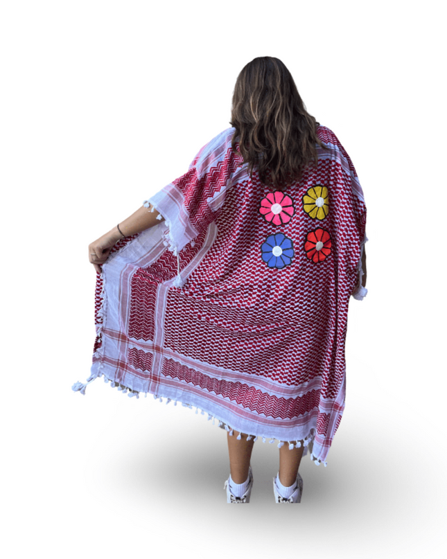 Hand-Painted Red Kaftan with Multi Colored Flowers