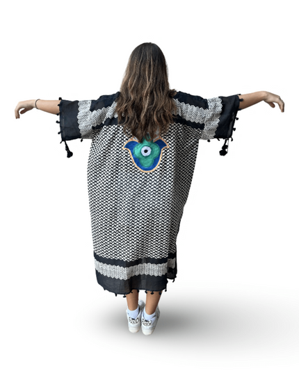 Hand-Painted Black Kaftan with Blue and Green Hamsa