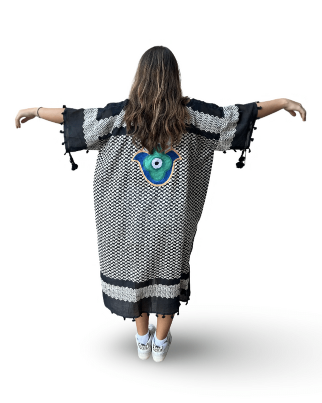Hand-Painted Black Kaftan with Blue and Green Hamsa