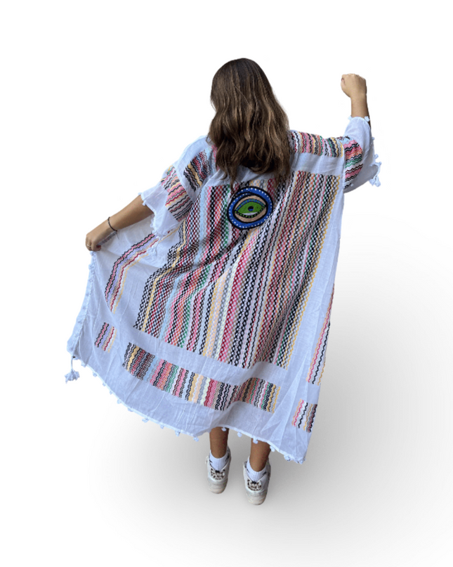 Hand-Painted Multi-Colored Kaftan with Evil Eye