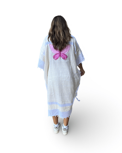 Hand-Painted Yellow Kaftan with Pink Butterfly