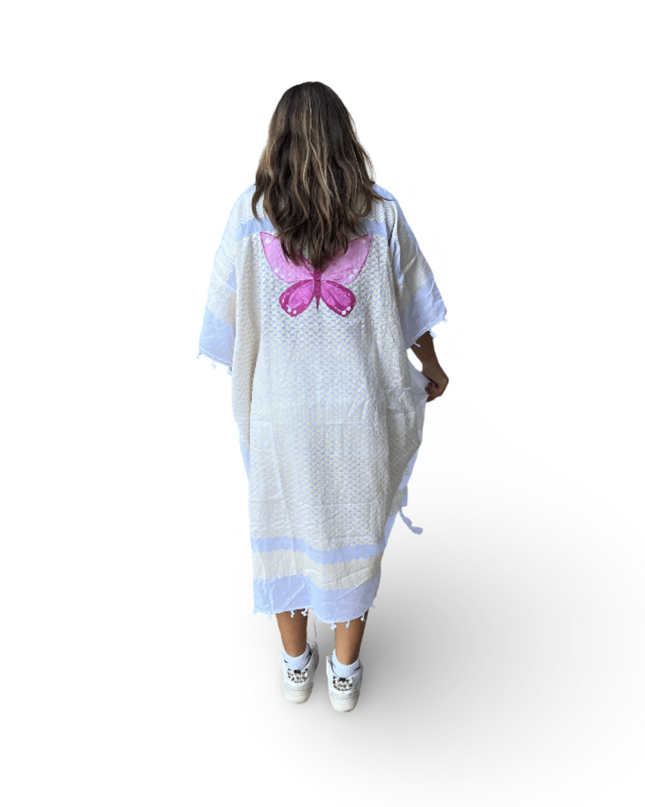 Hand-Painted Yellow Kaftan with Pink Butterfly
