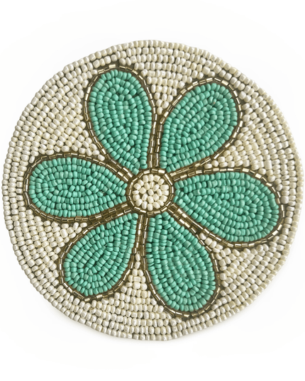 White Beaded Coaster with Turquoise Flower