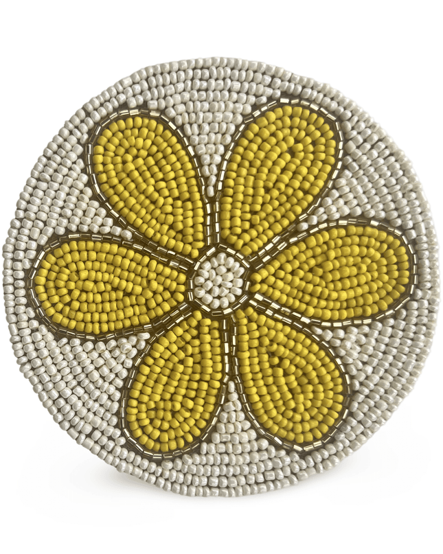 White Beaded Coaster with Yellow Flower