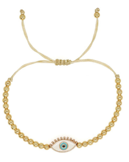 Gold Beaded Adjustable White Evil Eye Bracelet