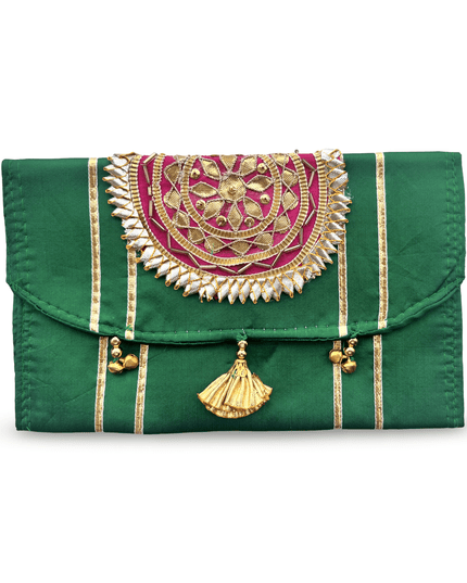 Green Linen Pouch with Gold Hot Pink Mandala Embroidery