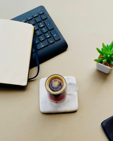 Square Rounded White Marble Handcut Coasters with Coffee Cup and Keyboard and Plant