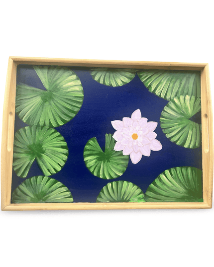 Hand Painted Wooden Tray with Pink Water Lily