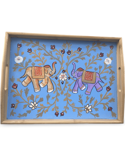 Hand Painted Wooden Turquoise Wooden Tray with Elephants