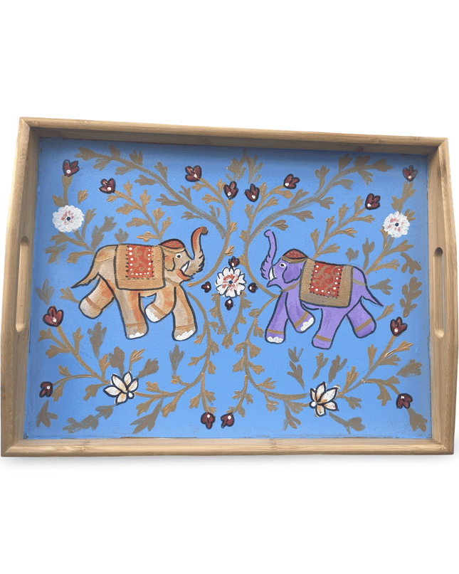 Hand Painted Wooden Turquoise Wooden Tray with Elephants