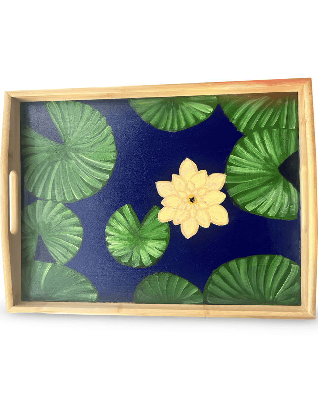 Hand Painted Wooden Tray with Yellow Water Lily