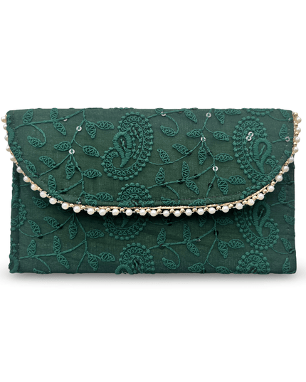 Green Linen Pouch with Floral Embroidery