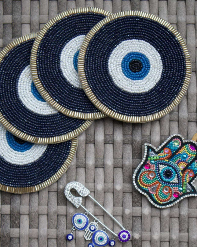 Hand-Beaded Evil Eye Coasters, Brooch And Keychain