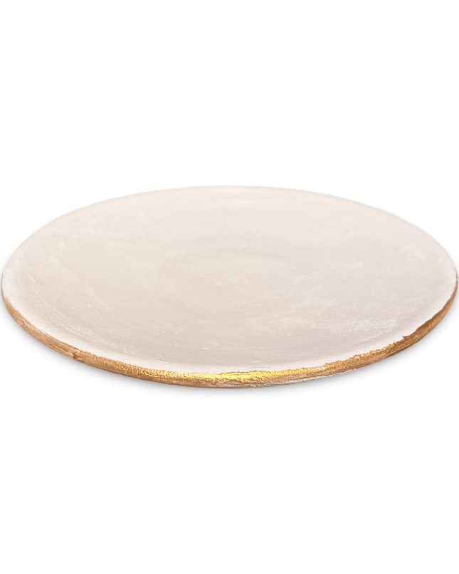 White Ceramic Candle Plate with Gold Border