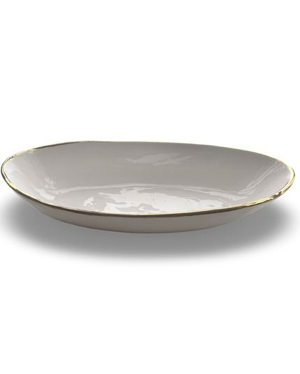 Oval Handpainted Ceramic White Serving Bowl with Gold Border