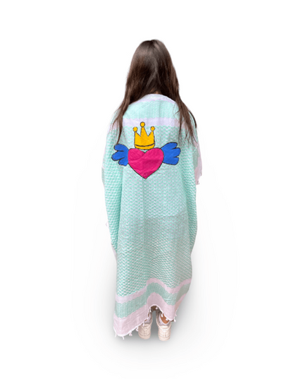 Hand-Painted Aqua Kaftan with Pink Heart Crown Wings