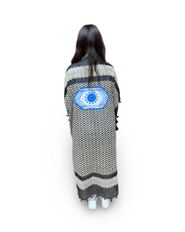 Hand-Painted Black White Kaftan with Blue Hexagon Evil Eye