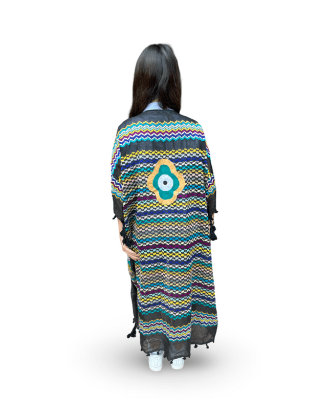 Hand-Painted Multi-Colored Kaftan with Evil Eye Clover