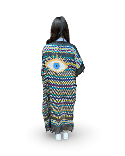 Hand-Painted Multi-Colored Kaftan with Gold Evil Eye
