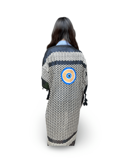 Hand-Painted Black White Kaftan with Evil Eye