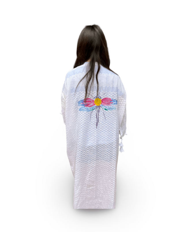 Hand-Painted White Kaftan with Colorful Dragonfly
