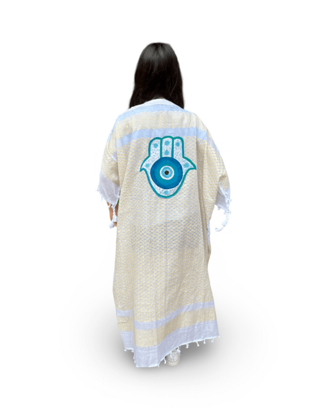 Hand-Painted Yellow Kaftan with Turquoise Hamsa