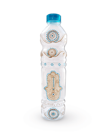 Hand-Painted Water Bottle with Gold Hamsa Fatima Evil Eye