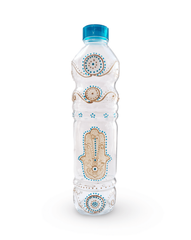 Hand-Painted Water Bottle with Gold Hamsa Fatima Evil Eye