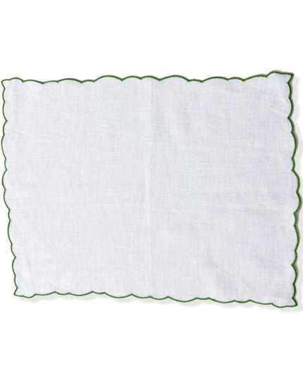 White Linen Scalloped Placemats with Green Embroidered Border