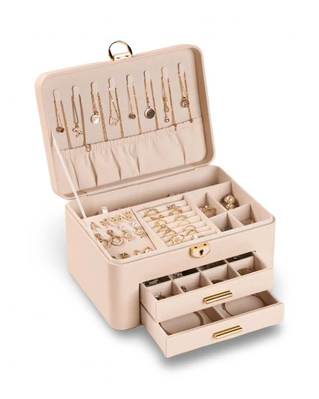 Beige PU Leather Jewelry Box with Key
