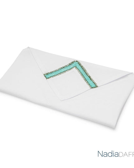 Nadia Dafri White Cotton Hand-Embroidered Turquoise Napkin
