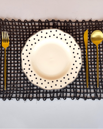 Black Sabai Grass Rectangle Placemat Gold Cutlery White Bone China Plate Polka Dots