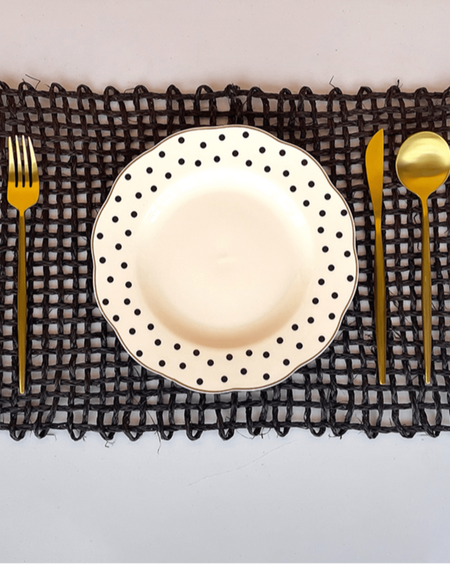Black Sabai Grass Rectangle Placemat Gold Cutlery White Bone China Plate Polka Dots