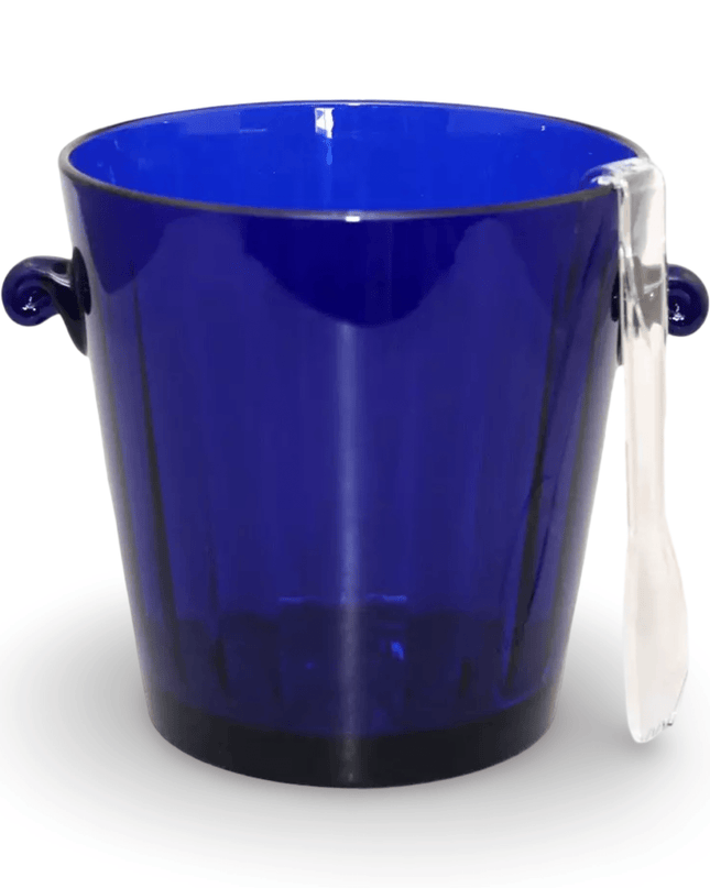Blue plastic ice bucket with clear tongs on a white background