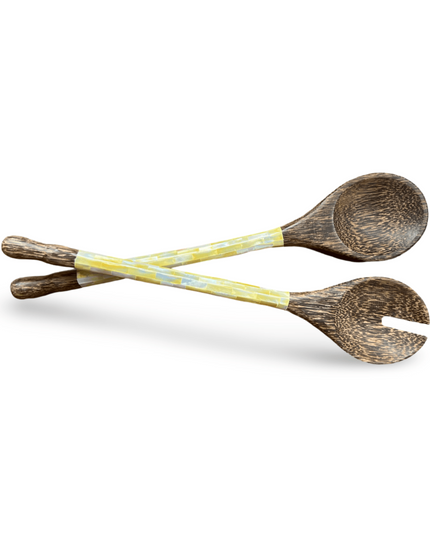 Dark Durian Wood Salad Servers with Capiz Shell Handles