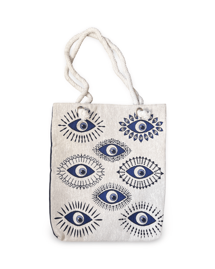 Beige Canvas Beach Bag with Evil Eye Design