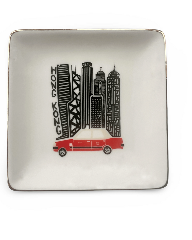 Red Hong Kong Taxi Trinket Tray with Hong Kong Skyline in Black