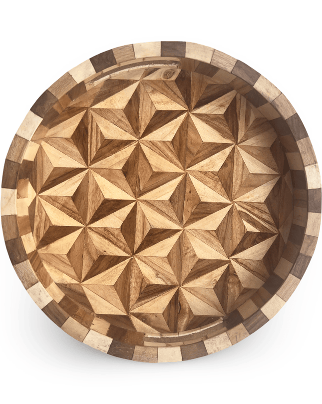 Round Wooden Geometric Pattern Tray