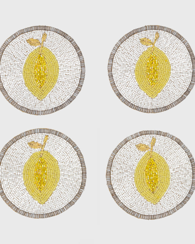 Joanna Buchanan Hand Beaded White Yellow Lemon Coasters