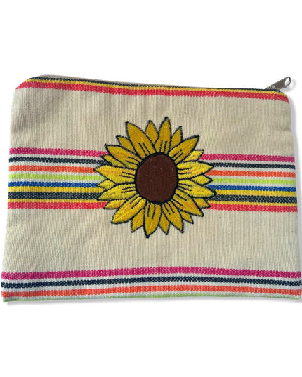 Multi-Colored Cotton Pouch with Yellow Embroidered Sunflower