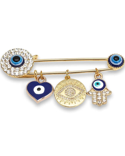 Gold Evil Eye Nazar Coin Heart Hamsa Brooch with Crystals