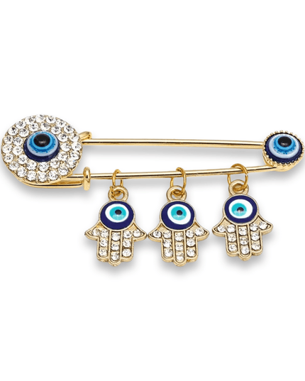 Gold Evil Eye Nazar Three Hamsa Brooch with Crystals