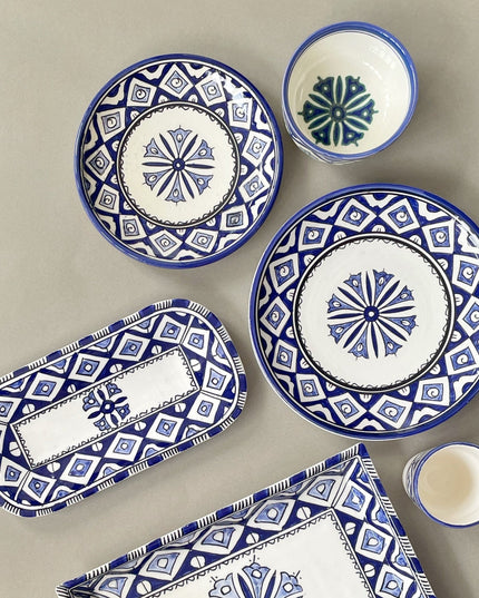 Handpainted Ceramic Blue White Geometric Dinner Plate Set