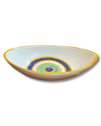 Handpainted Ceramic Oval Bowl Evil Eye Yellow White Blue