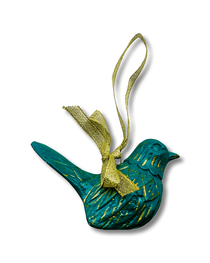 Green Wood Carved Bird Christmas Tree Ornament